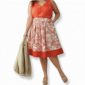 PLUS size Lane Bryant Red & White Pleated Flare Floral Skirt Linen